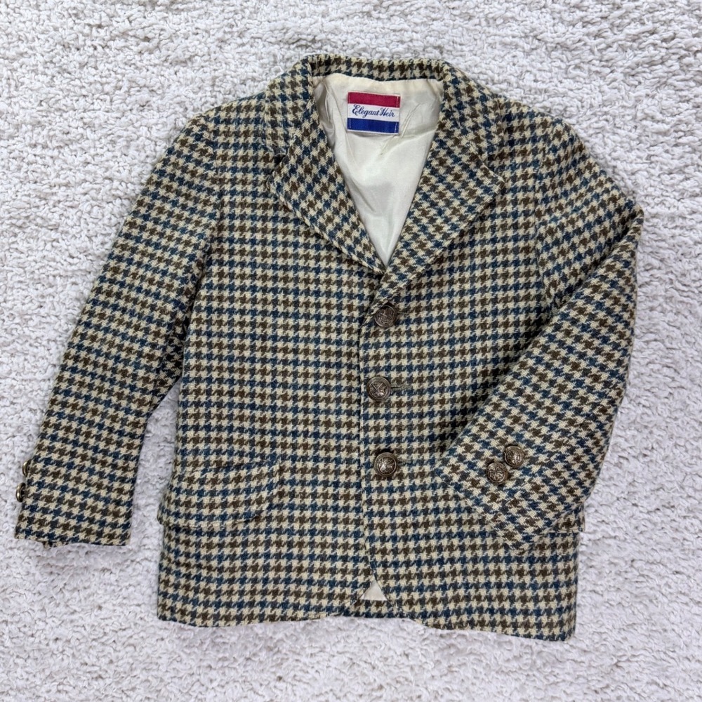 Boys Elegant Heir Blazer Suit Coat Tan Blue Houndstooth Vintage Preppy Formal